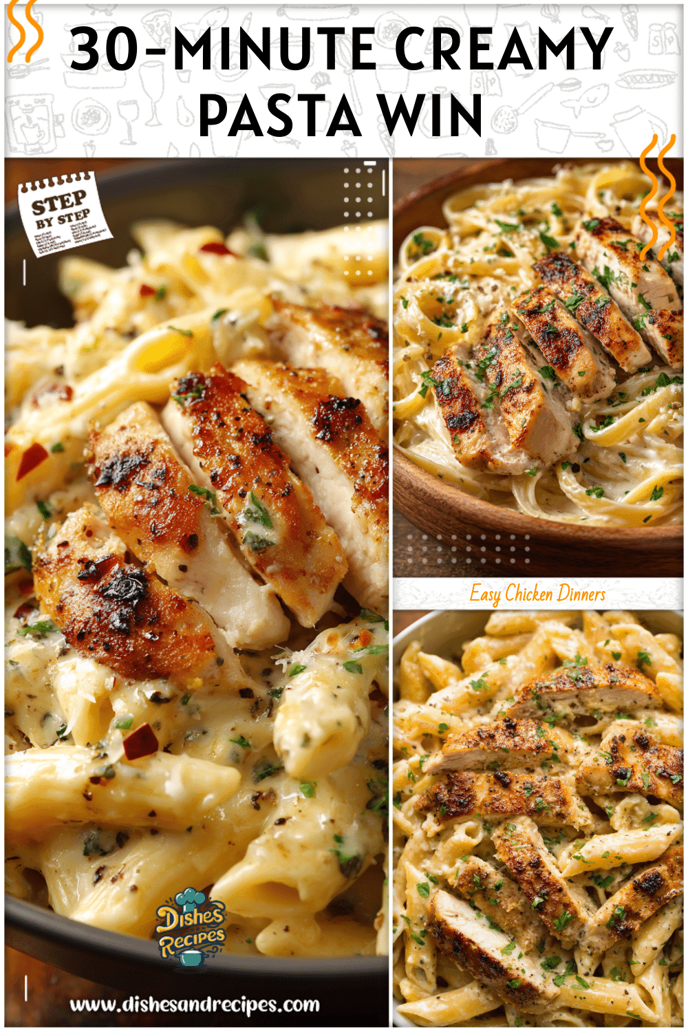 Bowl of creamy garlic parmesan chicken pasta with golden chicken slices, perfect for Easy Dinner Meals For Family.