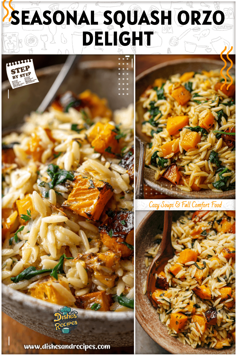 Warm orzo with roasted acorn and butternut squash served in a rustic bowl