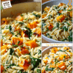 Bowl of creamy orzo squash with roasted butternut squash and spinach for a healthy starch side dish