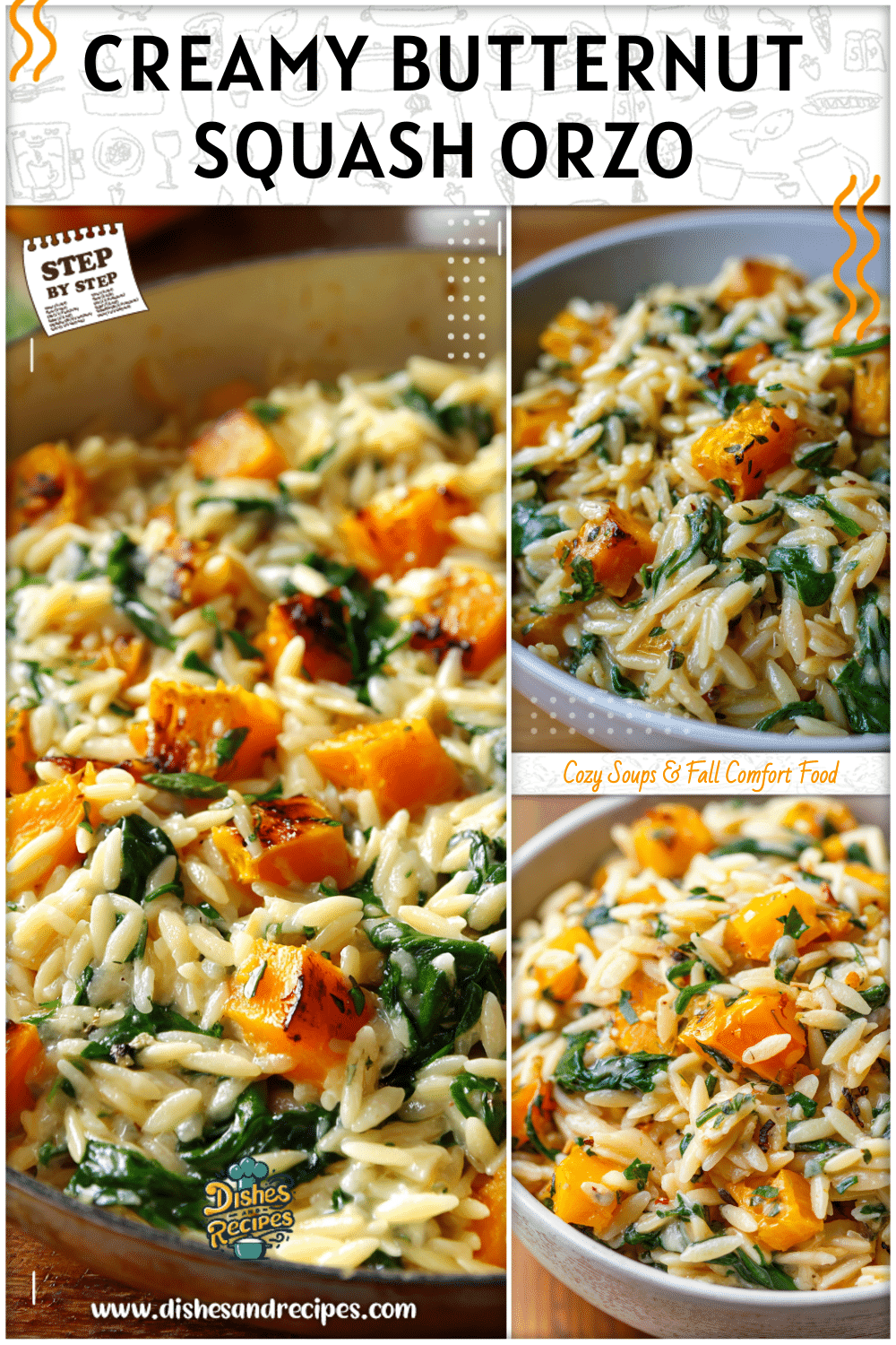 Bowl of creamy orzo squash with roasted butternut squash and spinach for a healthy starch side dish