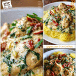 Tuscan chicken in creamy sauce paired with tender spaghetti squash on a white plate