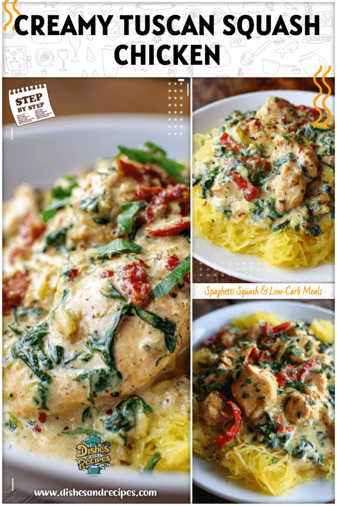 Home 36 Tuscan chicken in creamy sauce paired with tender spaghetti squash on a white plate