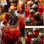 Halloween food and drinks for party displayed with graveyard themed cupcakes and spooky punch.