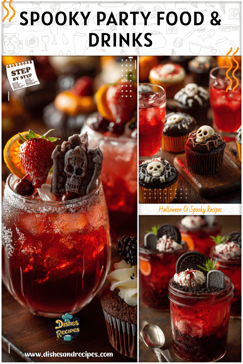 Halloween food and drinks for party displayed with graveyard themed cupcakes and spooky punch.