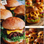 Close view of Recipes For Skull Pan cheeseburgers shaped like skulls served for Dinner Halloween.