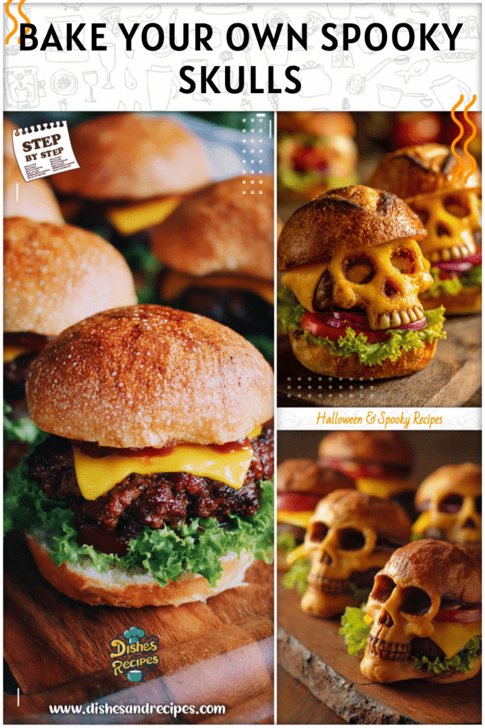 Home 34 Close view of Recipes For Skull Pan cheeseburgers shaped like skulls served for Dinner Halloween.