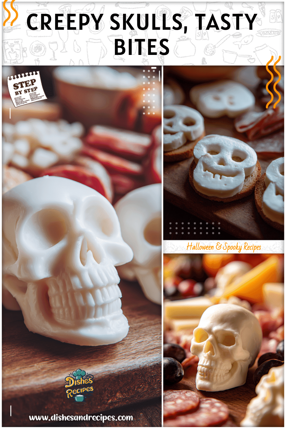 Cheese skulls displayed on a cute Halloween charcuterie board alongside meats and spooky entrees