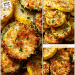 Crispy Parmesan Summer Squash Side Dish 5 Crispy parmesan crust on roasted summer squash rounds served as a side dish.