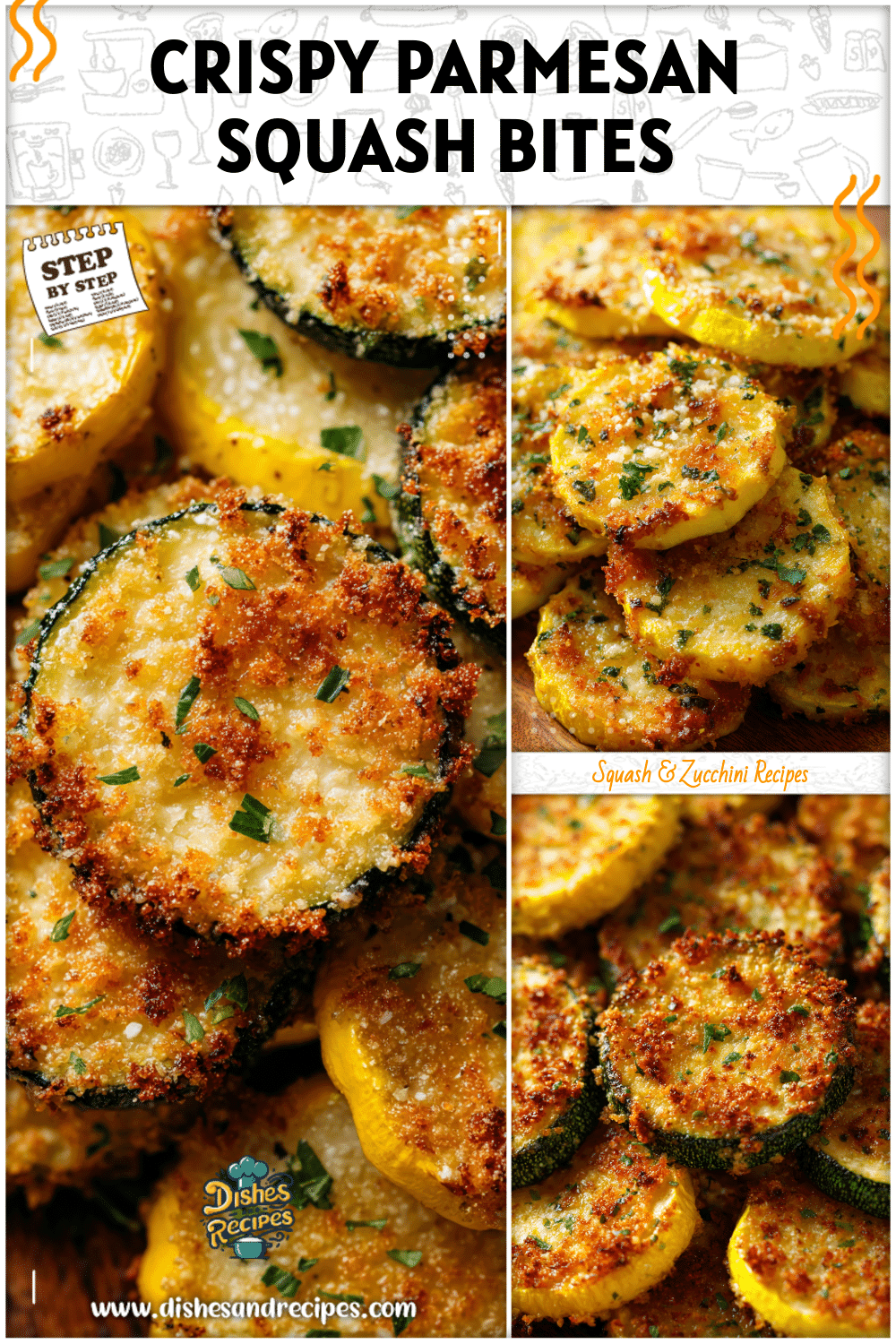Crispy parmesan crust on roasted summer squash rounds served as a side dish.