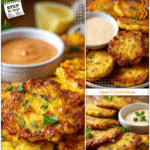 Plate of crispy parmesan yellow squash fritters served with a dipping sauce.