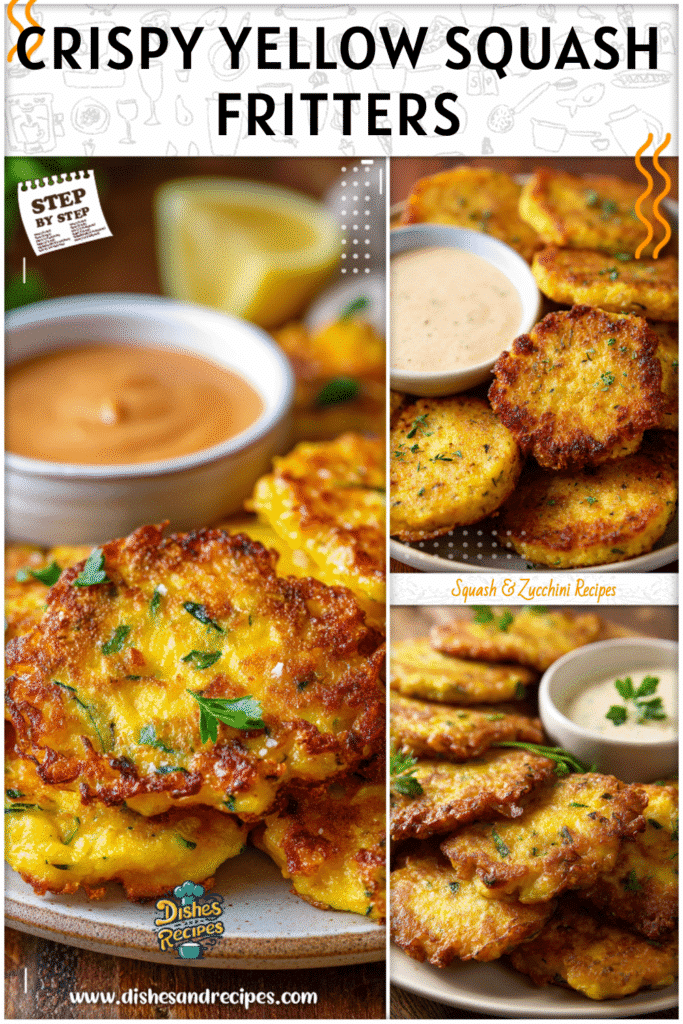 Home 34 Plate of crispy parmesan yellow squash fritters served with a dipping sauce.