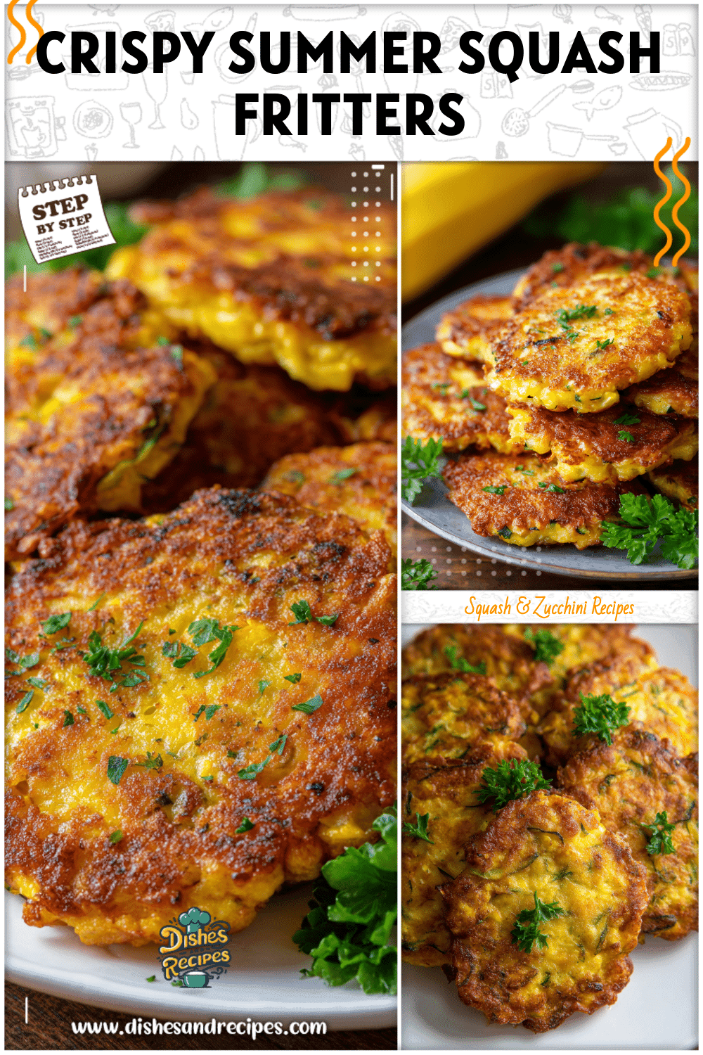 Crispy golden squash fritters garnished with parsley on a serving plate.
