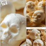 Handmade mozzarella skulls placed next to pasta on a Halloween themed charcuterie board