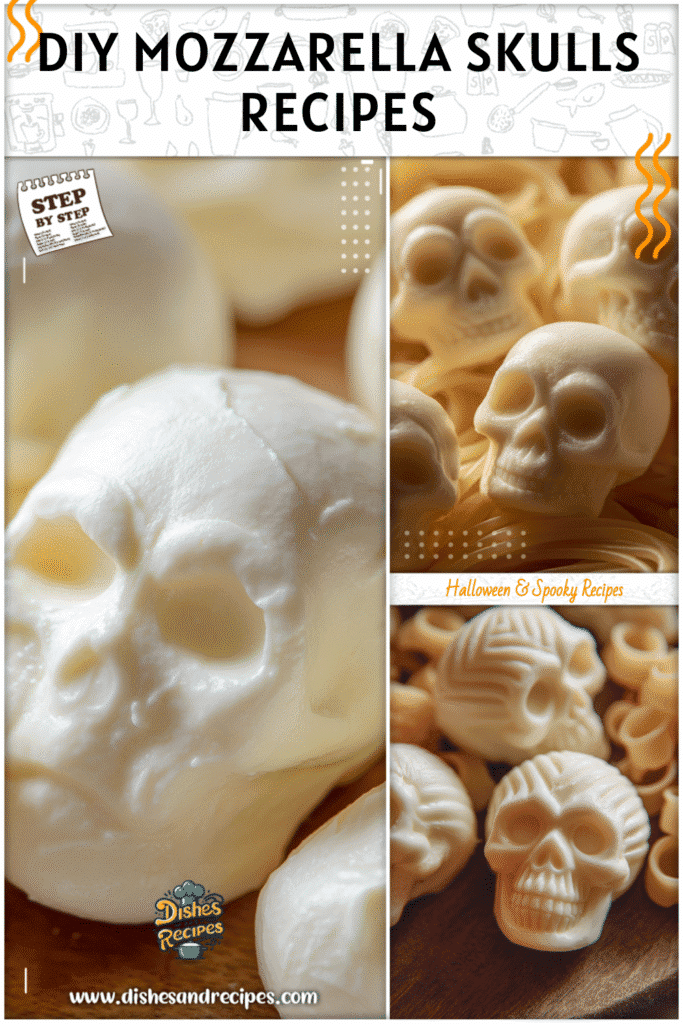 Handmade mozzarella skulls placed next to pasta on a Halloween themed charcuterie board