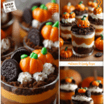 DIY Pumpkin Dirt Cups: Trick Or Treat Food Kids Adore 5 Pumpkin patch Halloween dirt cups with layers of pudding, crushed cookies, and candy pumpkins.
