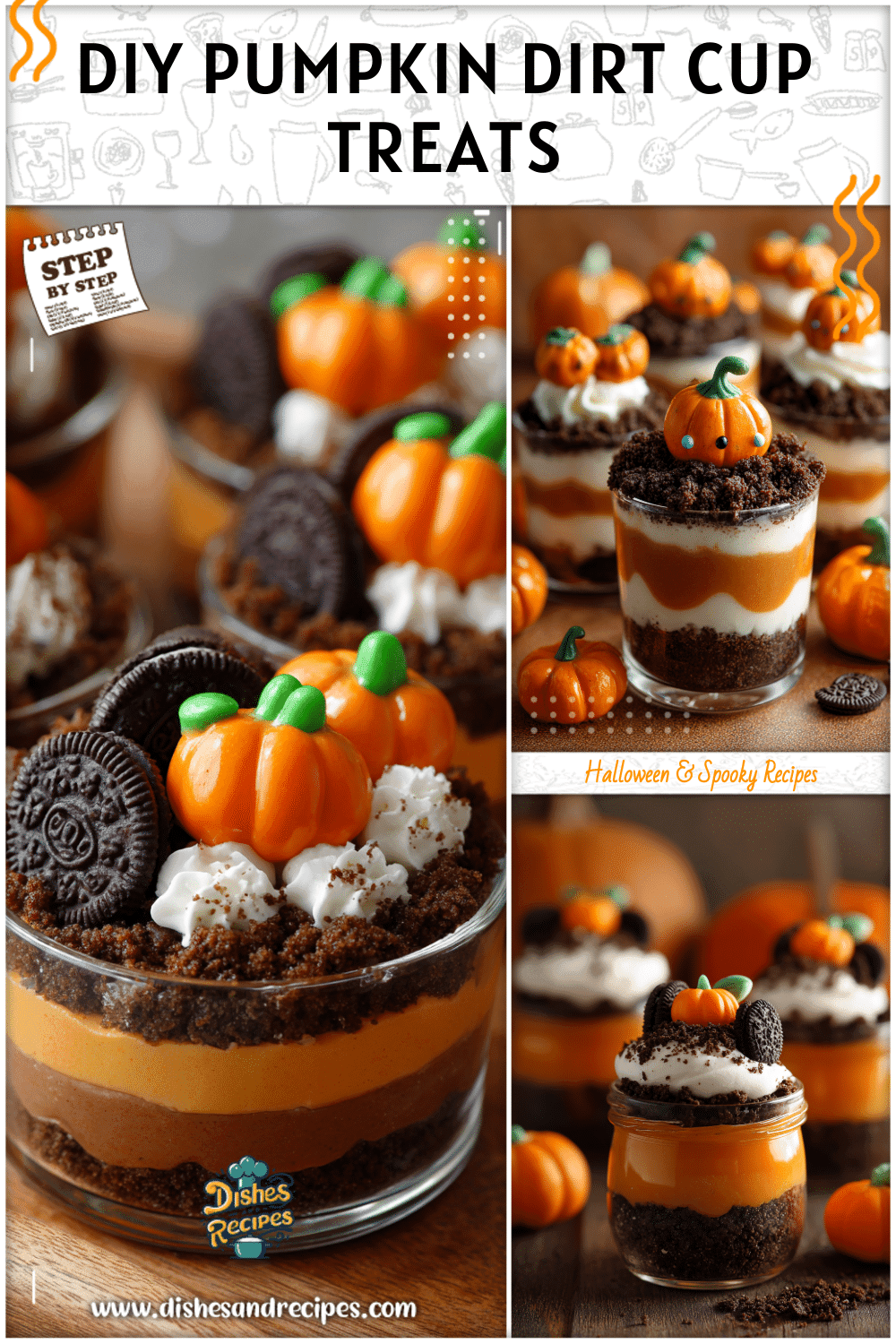 Pumpkin patch Halloween dirt cups with layers of pudding, crushed cookies, and candy pumpkins.