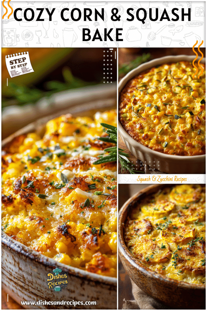 Home 31 Creamy corn and squash casserole baked golden brown in a rustic dish with herbs on top