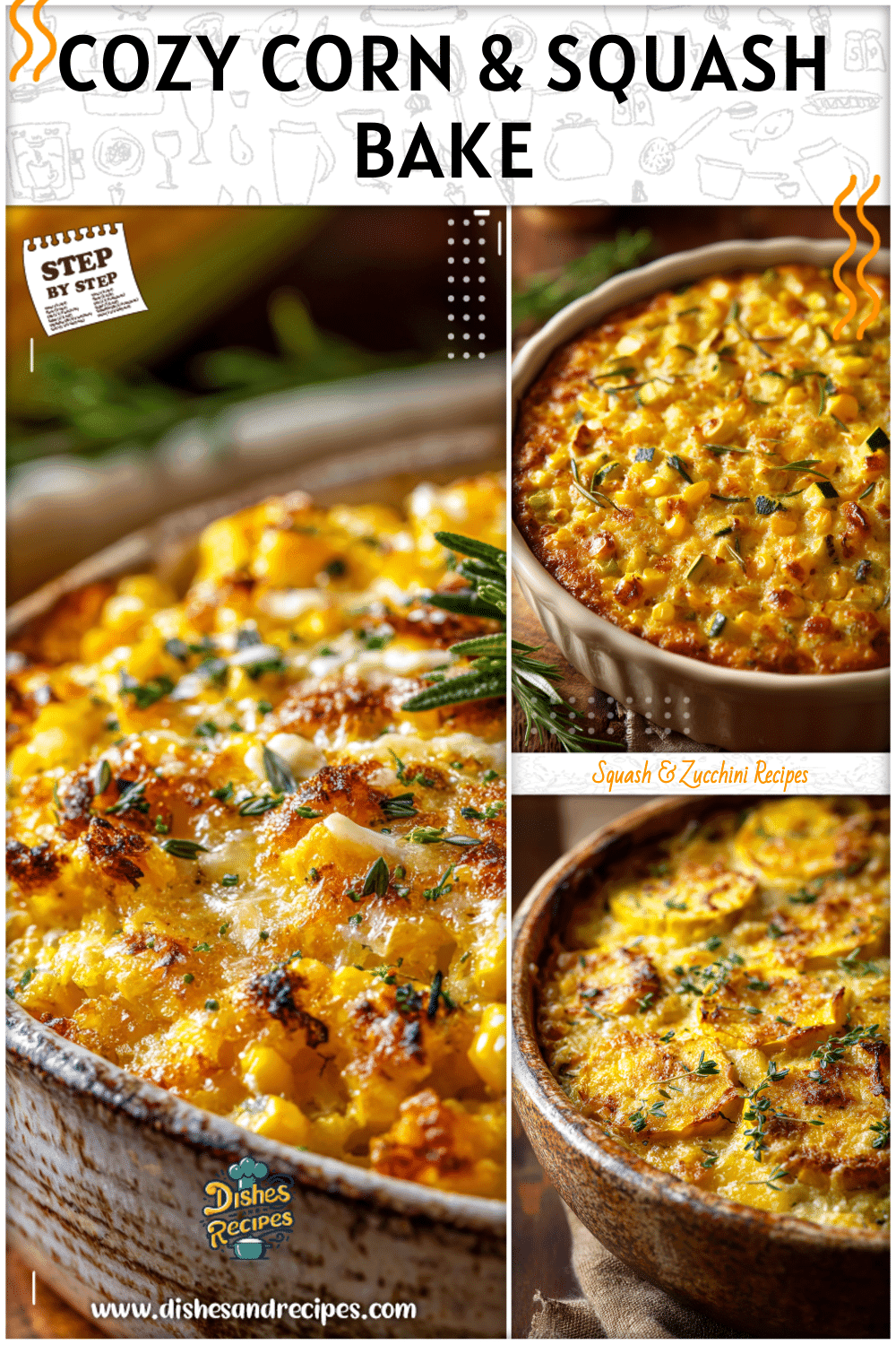 Creamy corn and squash casserole baked golden brown in a rustic dish with herbs on top