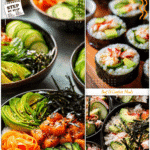 Meal prep bowls filled with sushi rice, crab sticks, avocado, cucumber, and nori strips for California rolls.