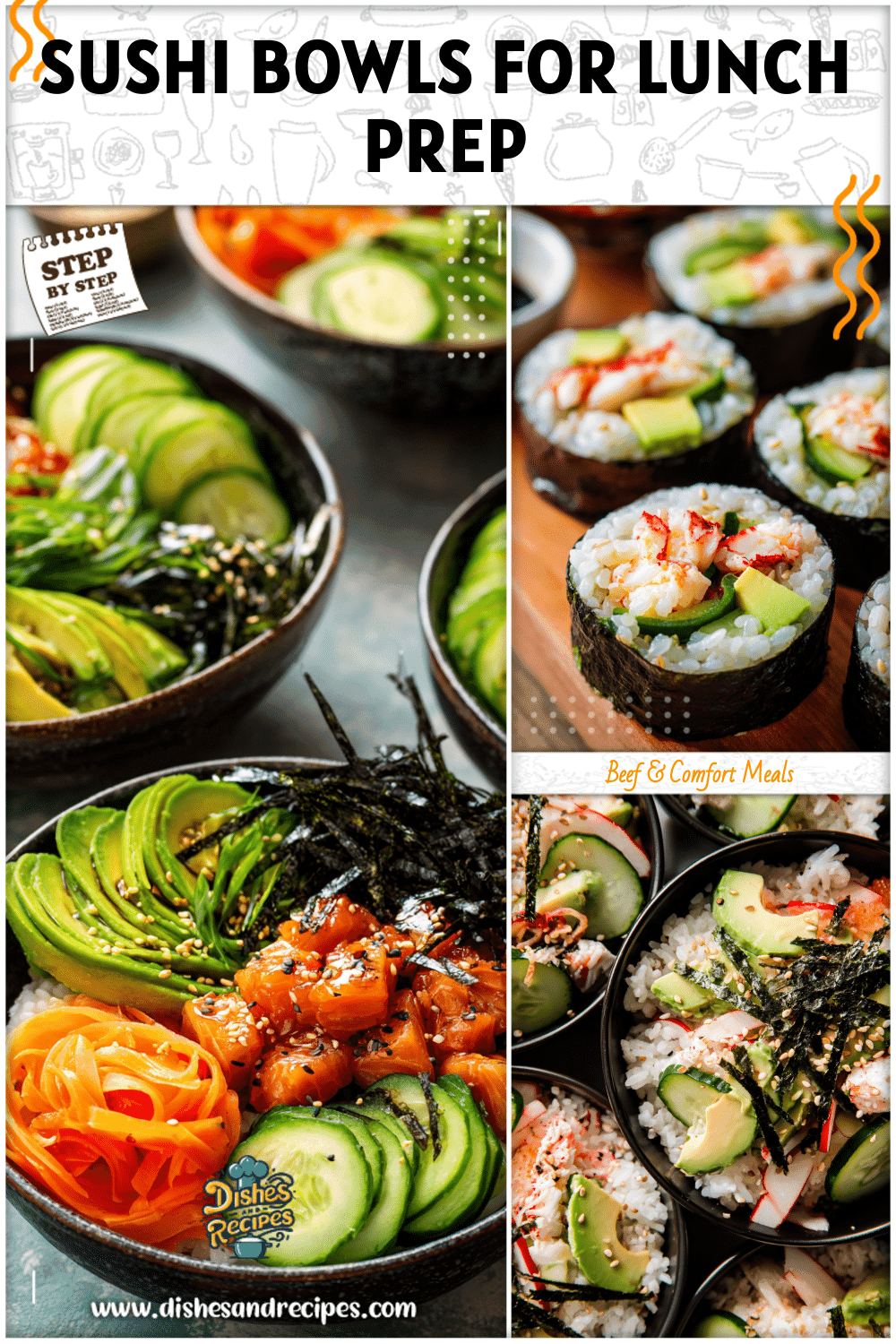 Meal prep bowls filled with sushi rice, crab sticks, avocado, cucumber, and nori strips for California rolls.