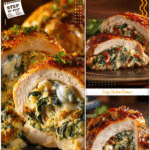 Delicious Stuffed Baked Chicken From Scratch Dinner Idea 5 Juicy stuffed baked chicken breast filled with spinach and cheese cut open on a plate.