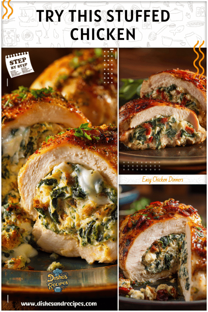 Juicy stuffed baked chicken breast filled with spinach and cheese cut open on a plate.