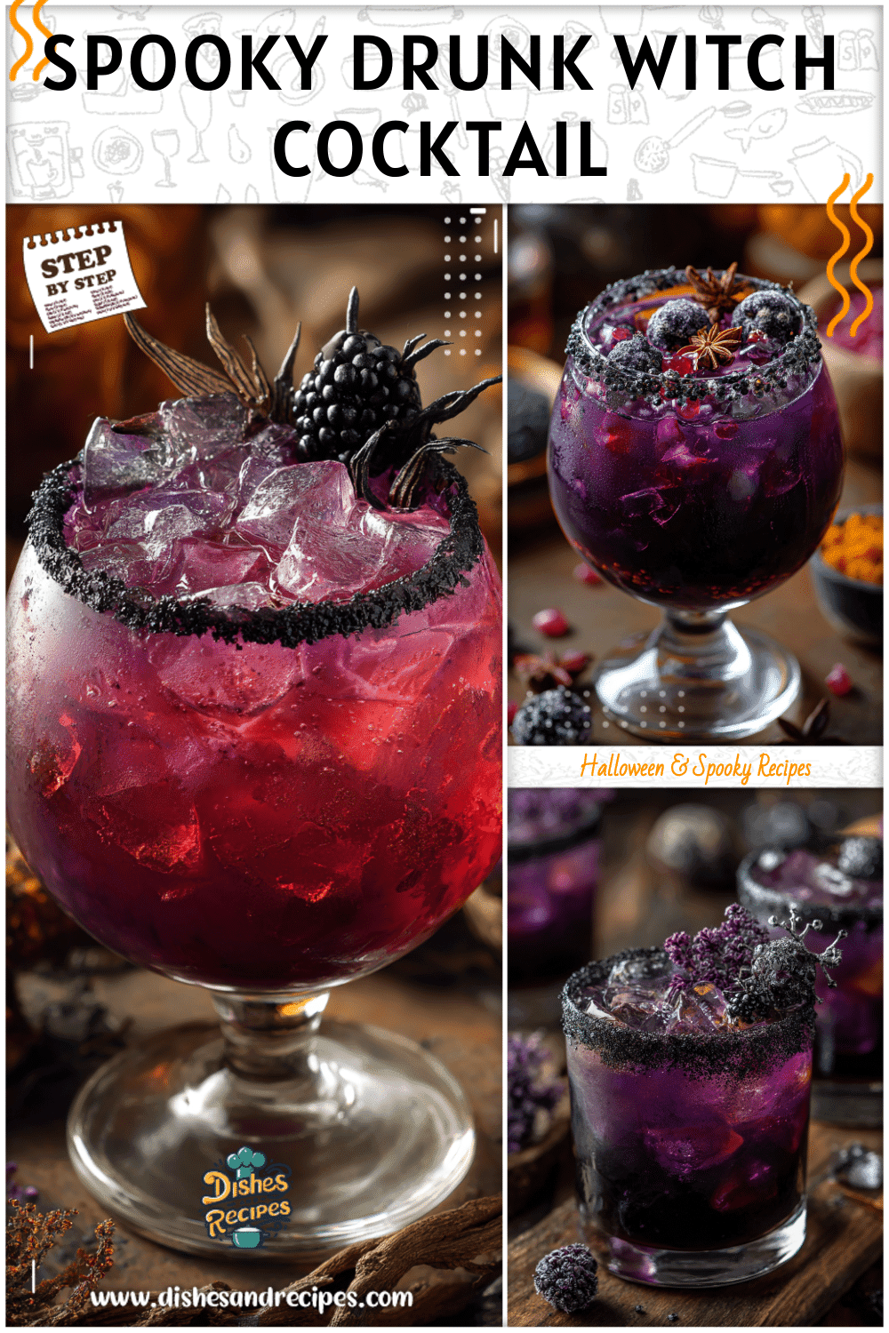 A purple witchy alcoholic drink in a spooky cocktail glass garnished with black sugar rim and eerie decorations.
