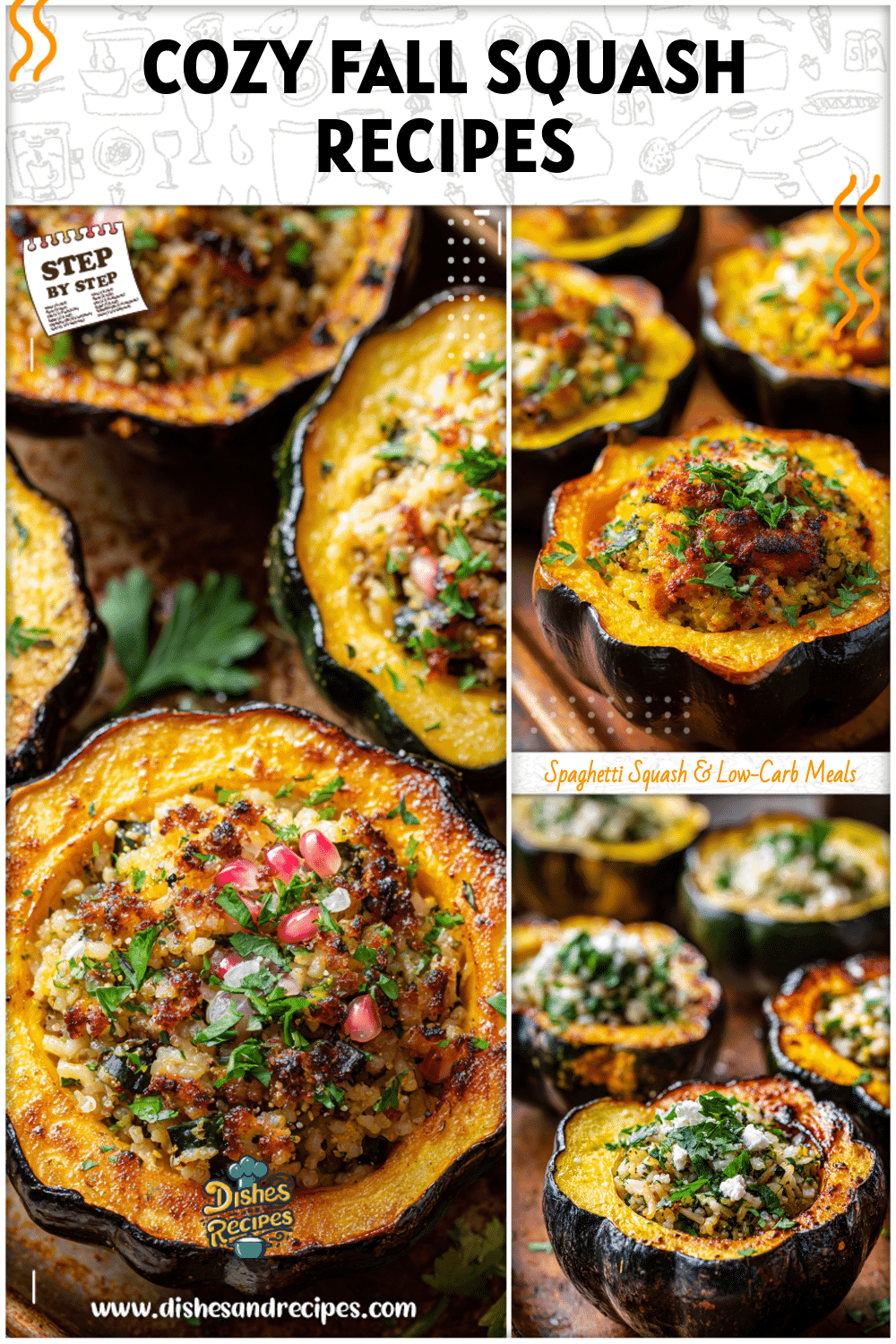 An assortment of acorn squash recipes including stuffed variations with quinoa, rice, and herbs perfect for fall dinners.