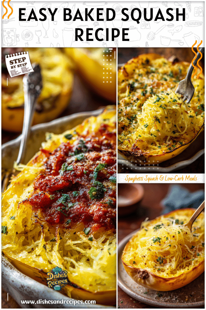 Home 34 Golden baked spaghetti squash strands served with herbs and savory toppings on a rustic dish