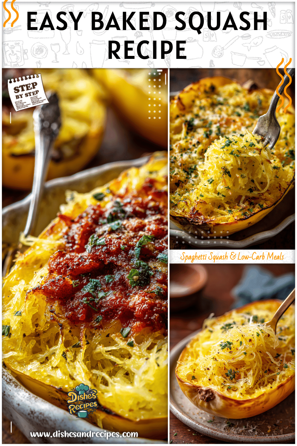 Golden baked spaghetti squash strands served with herbs and savory toppings on a rustic dish