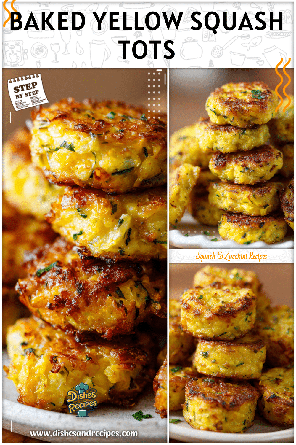 Golden baked yellow squash tots stacked on a plate as tasty squash bites for a light appetizer