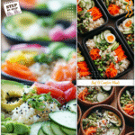 Bento box containers filled with colorful California roll sushi bowls featuring fresh vegetables and rice.