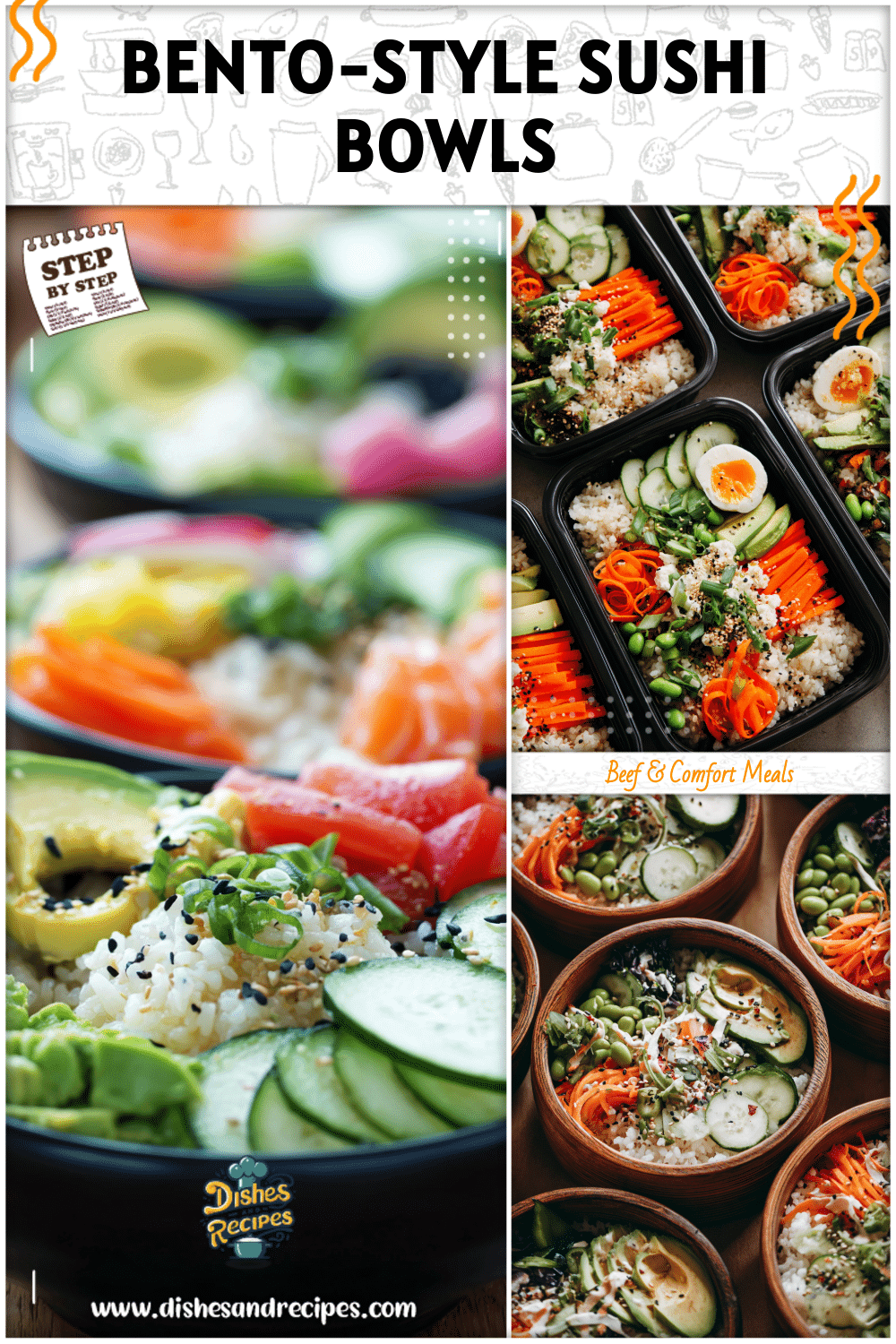 Bento box containers filled with colorful California roll sushi bowls featuring fresh vegetables and rice.