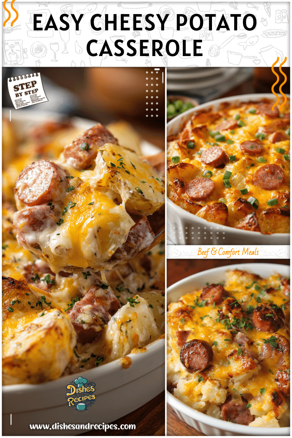 Casserole dish filled with cheesy ranch potatoes and smoked sausage topped with golden melted cheese.
