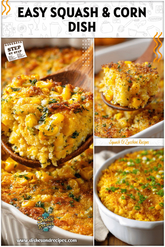 Homestyle corn and squash casserole topped with a golden crust and served in a white baking dish
