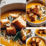 Warm autumn soup of roasted squash in a bowl with homemade croutons and seeds for garnish.