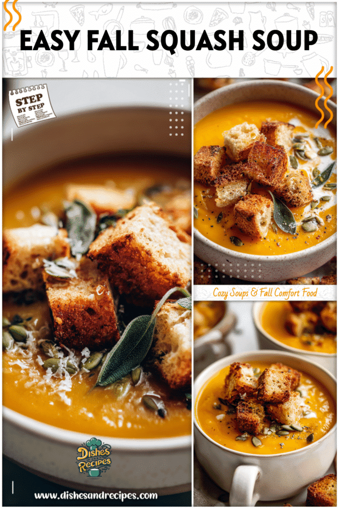 Home 34 Warm autumn soup of roasted squash in a bowl with homemade croutons and seeds for garnish.