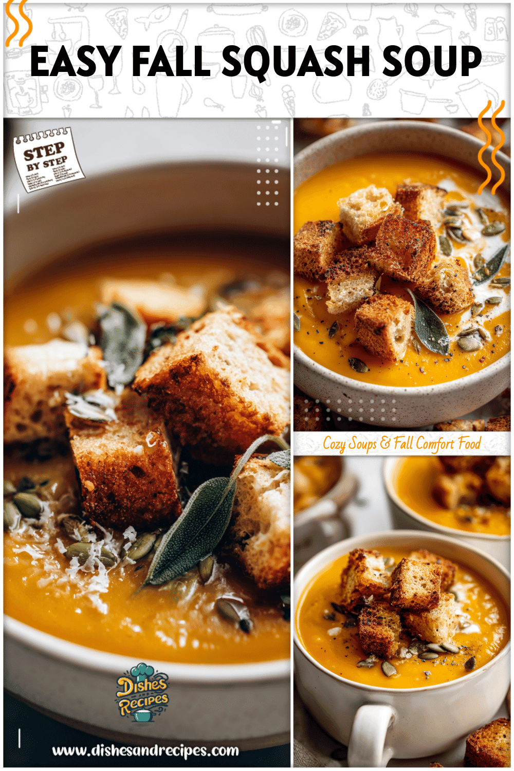 Warm autumn soup of roasted squash in a bowl with homemade croutons and seeds for garnish.