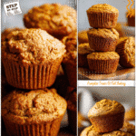 Easy Flourless Pumpkin Muffins for Fall Baking 5 Freshly baked flourless pumpkin muffins stacked on a rustic wooden board