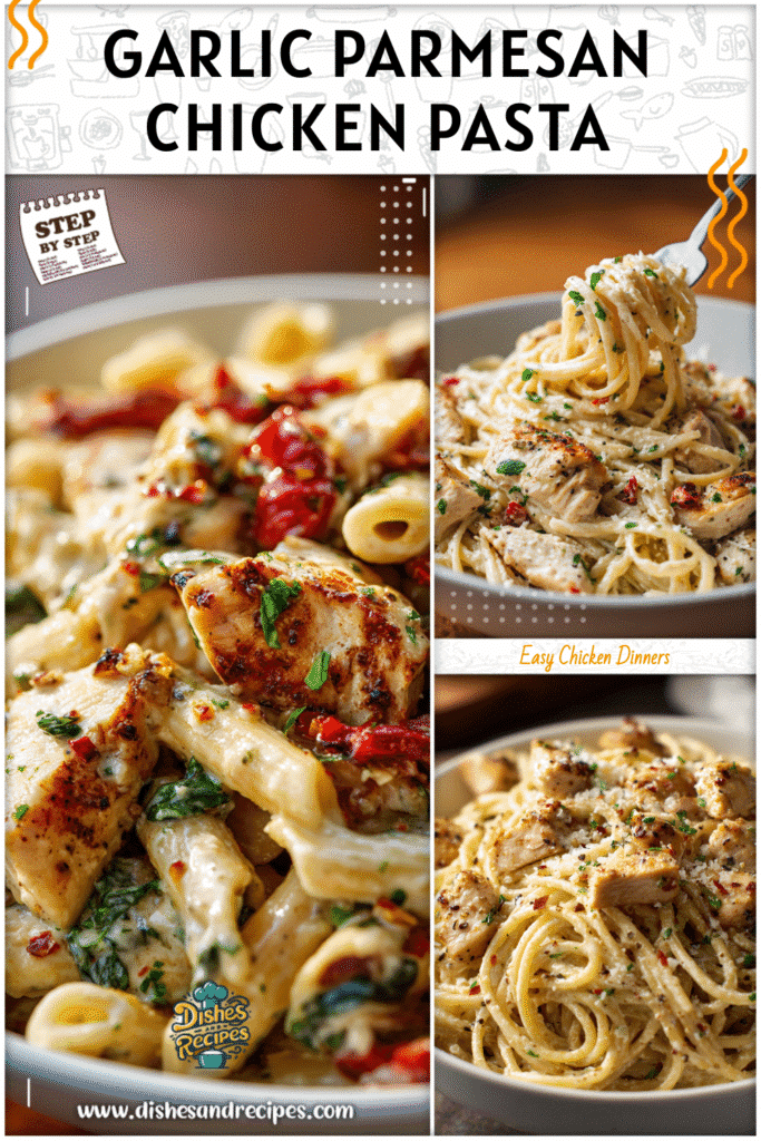 Home 34 Bowl of creamy garlic parmesan high protein chicken pasta served for a healthy pasta dinner