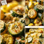 A golden garlic parmesan zucchini and squash medley baked as a colorful zucchini side dish.