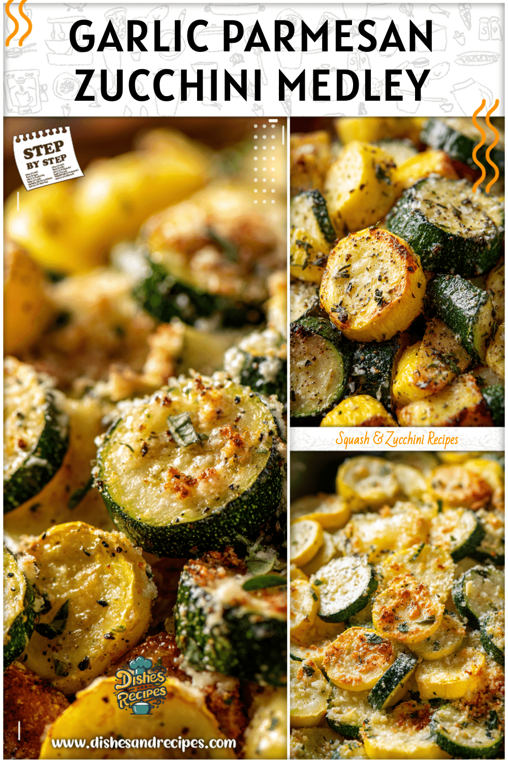 A golden garlic parmesan zucchini and squash medley baked as a colorful zucchini side dish.