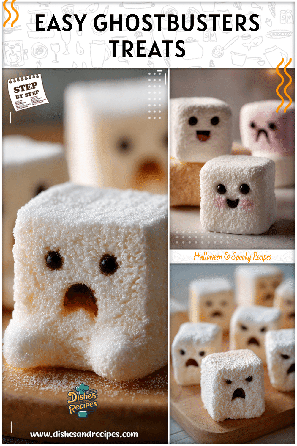 Cute Ghostbusters-inspired marshmallow faces displayed as easy Halloween food for parties.