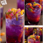 A festive purple cocktail topped with gummy worms and Halloween candy sprinkles served in a tall glass.