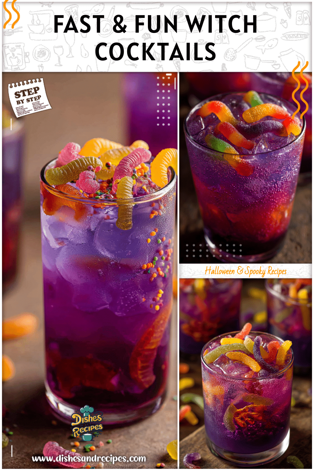 A festive purple cocktail topped with gummy worms and Halloween candy sprinkles served in a tall glass.