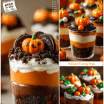 Easy Halloween Dirt Cups: Sweet Treats For Kids 5 Halloween dirt cups layered with pudding, cookie crumb dirt, and candy pumpkins for kids’ trick or treat food.