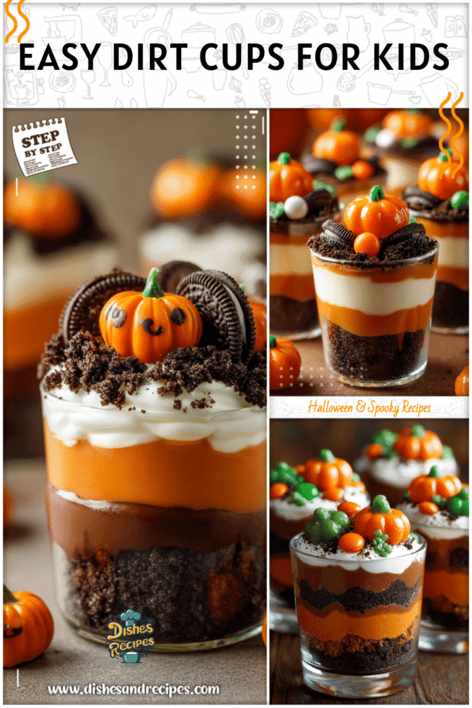 Halloween dirt cups layered with pudding, cookie crumb dirt, and candy pumpkins for kids’ trick or treat food.