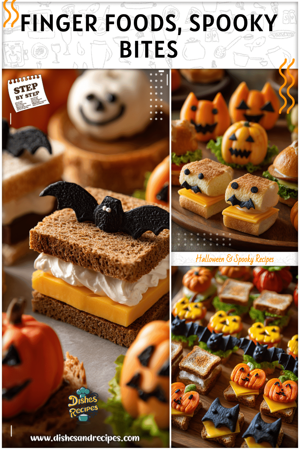 Halloween shaped food styled as finger foods with bat sandwiches and pumpkin cheese bites.