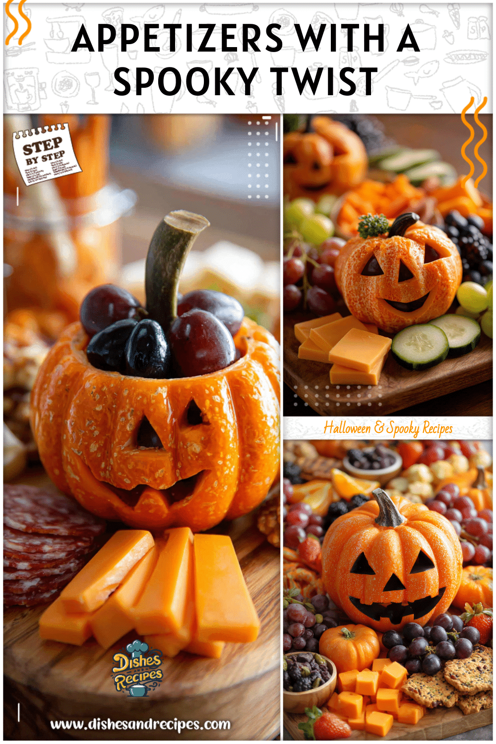A Jackolantern Charcuterie board shaped like a pumpkin with vibrant fall appetizers.