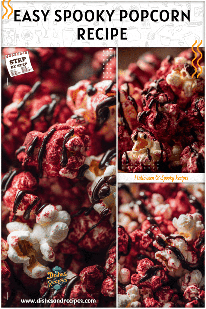 Home 35 Festive red velvet popcorn decorated with dark candy drizzle as an easy Halloween popcorn treat.